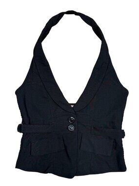 Y2K K. Mode Black Halter Vest Womens Size L Button Front Cinch Waist Sexy Utilit